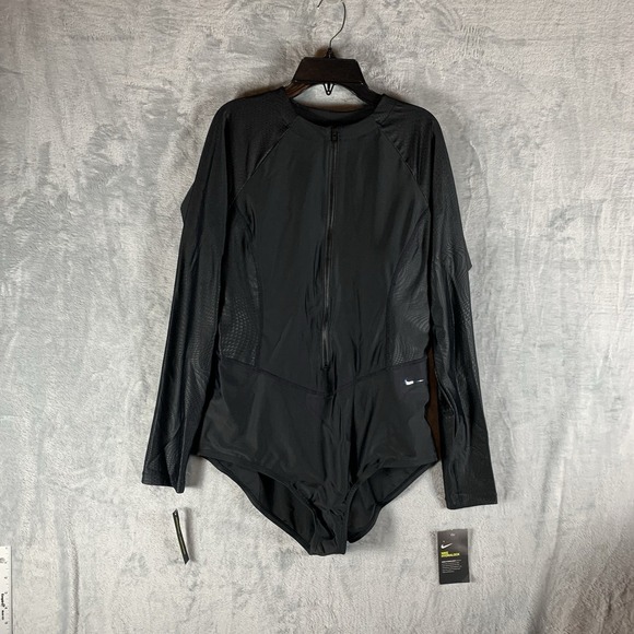 Nike Women's Swimsuit XL Long Sleeve Hydralock One Piece Black Front Zip Pattern - Picture 1 of 12